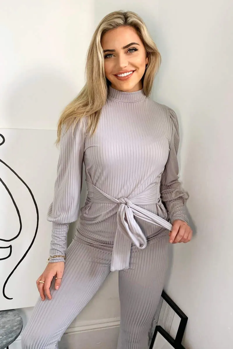 Grey Ribbed Tie Waist Lounge Set