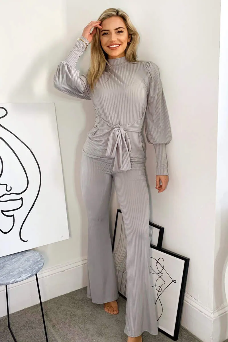 Grey Ribbed Tie Waist Lounge Set