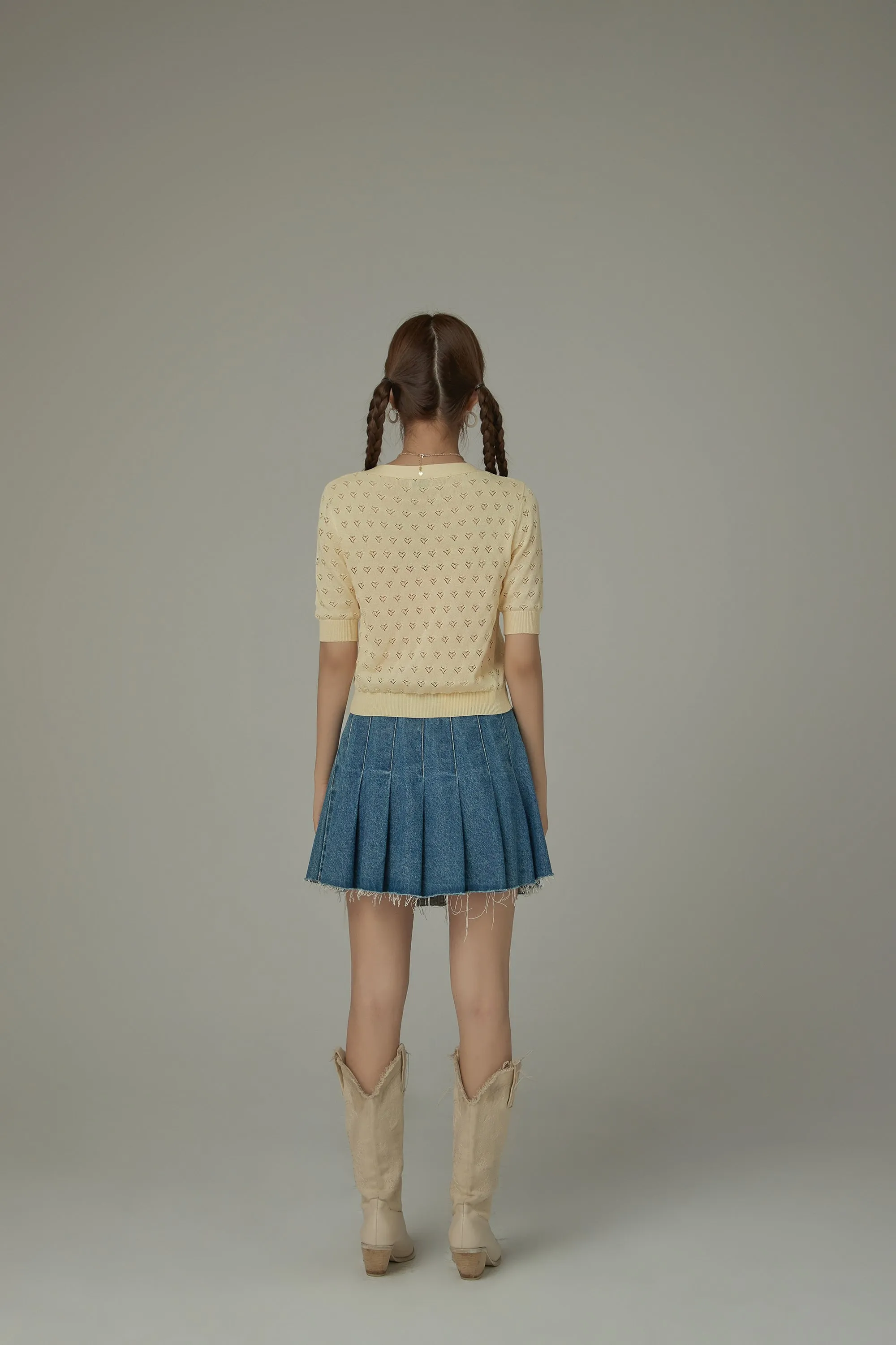 Heart Eyelet Short Sleeves Knit Cardigan