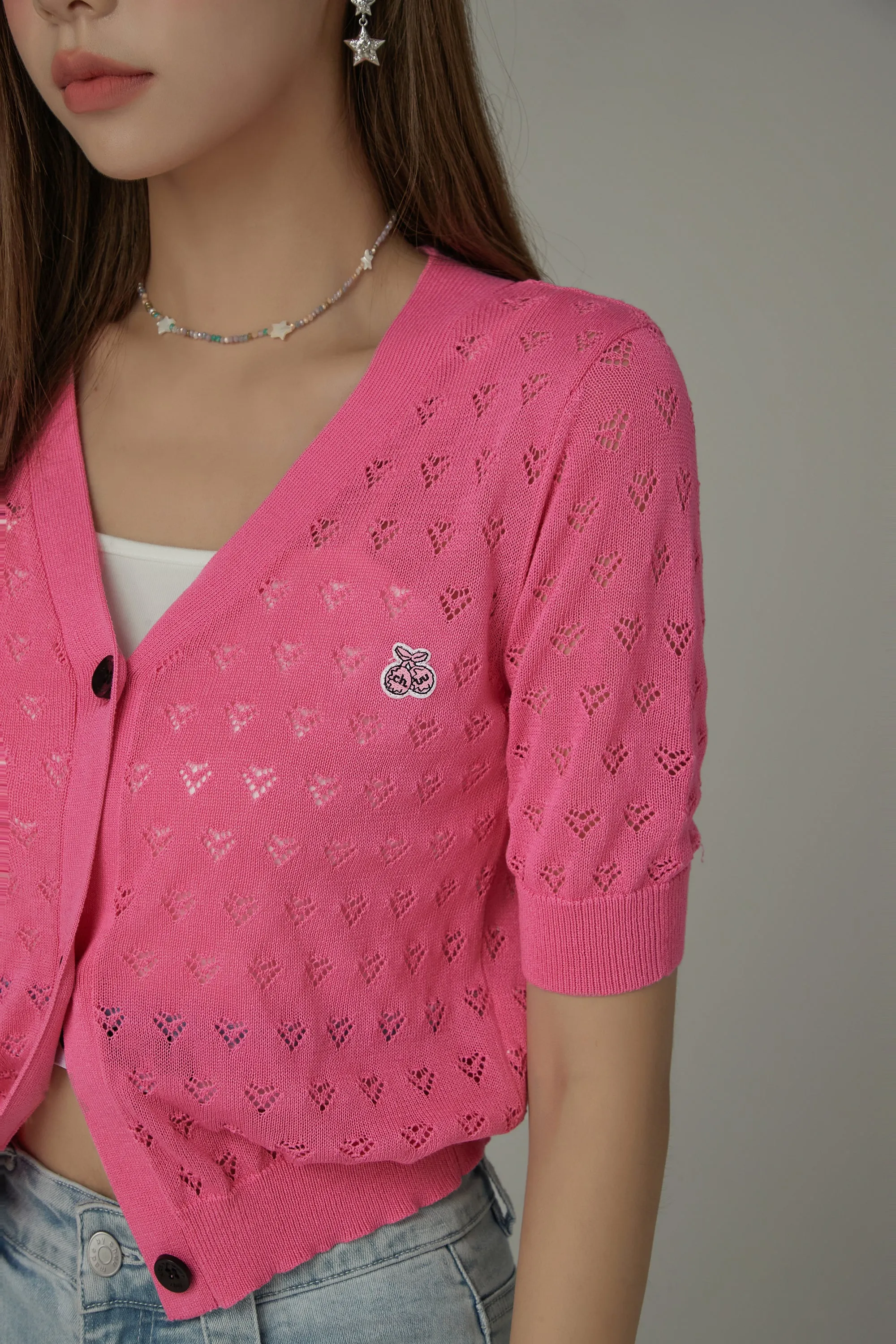 Heart Eyelet Short Sleeves Knit Cardigan