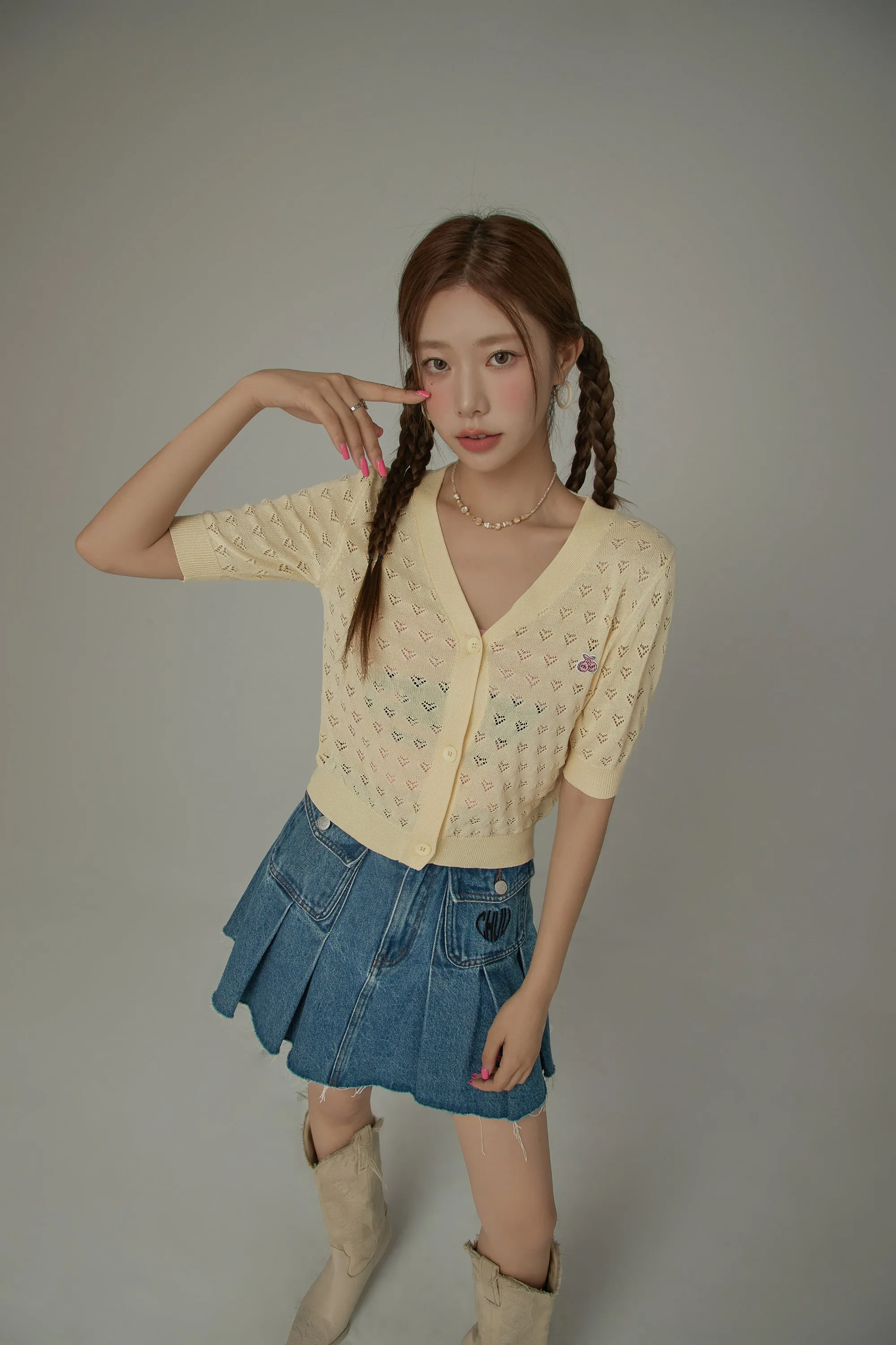 Heart Eyelet Short Sleeves Knit Cardigan