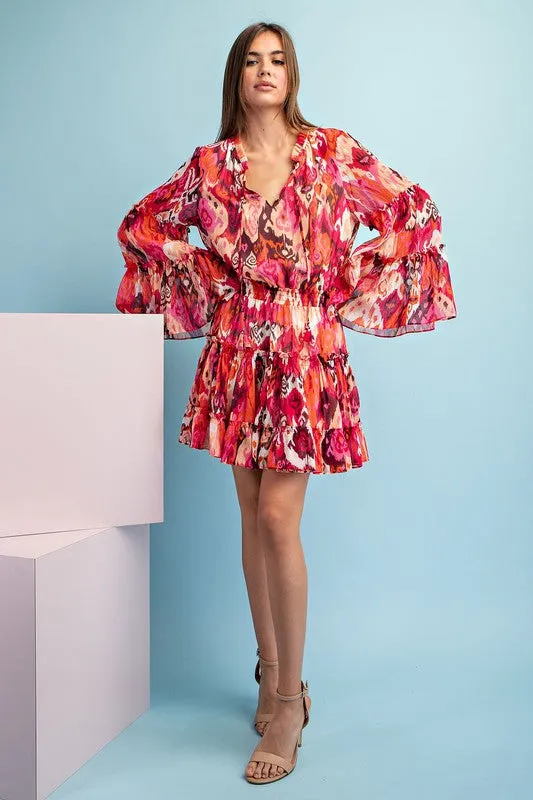 Hot Pink Printed Bell Sleeve Mini Dress