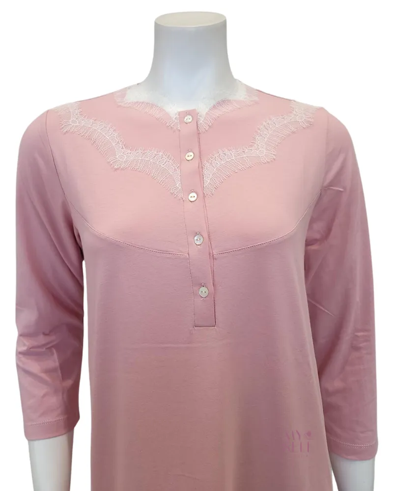 Iora Lingerie Pink Lace Detail Button Down 100% Organic Cotton Nightgown