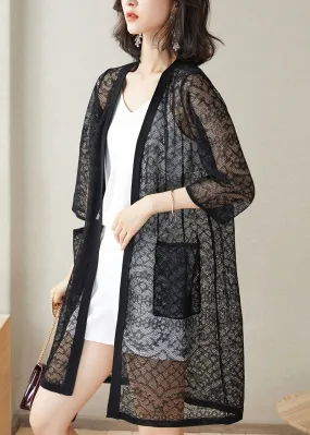 Italian Black Pockets Hollow Out Patchwork Lace Cardigans Summer LY9148