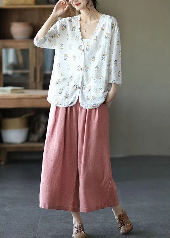 Italian Pink High Waist Tie Waist Fall Wide Leg Linen Pants