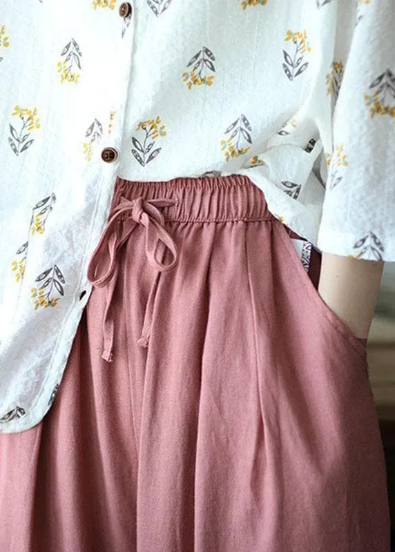 Italian Pink High Waist Tie Waist Fall Wide Leg Linen Pants