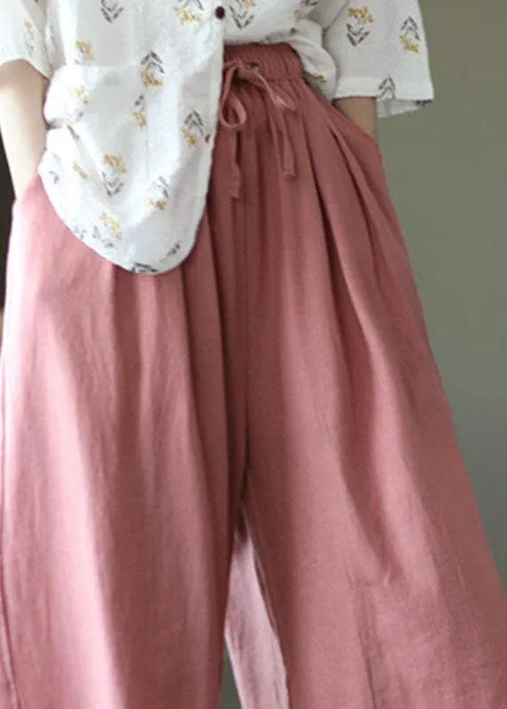 Italian Pink High Waist Tie Waist Fall Wide Leg Linen Pants