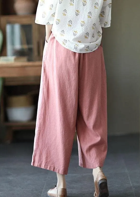 Italian Pink High Waist Tie Waist Fall Wide Leg Linen Pants