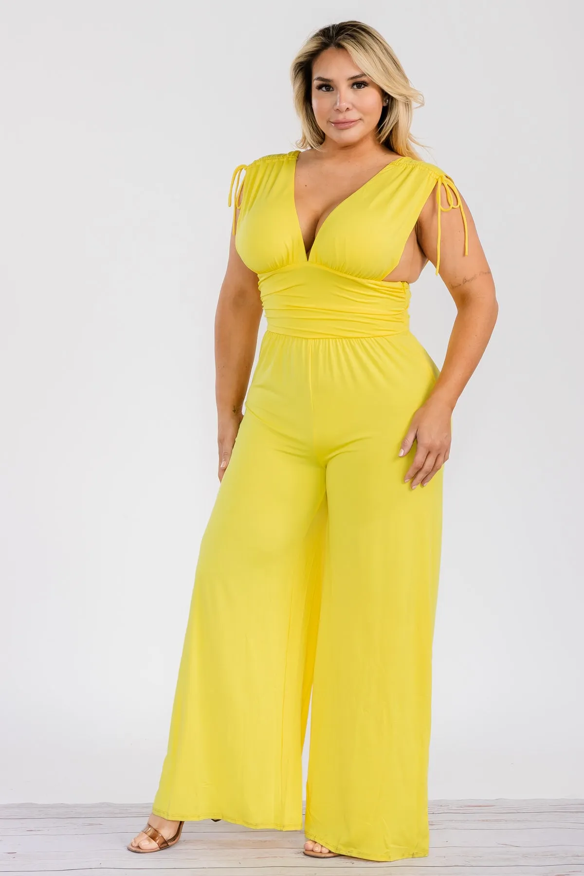 JS618X - SOLID V-NECK JUMPSUIT