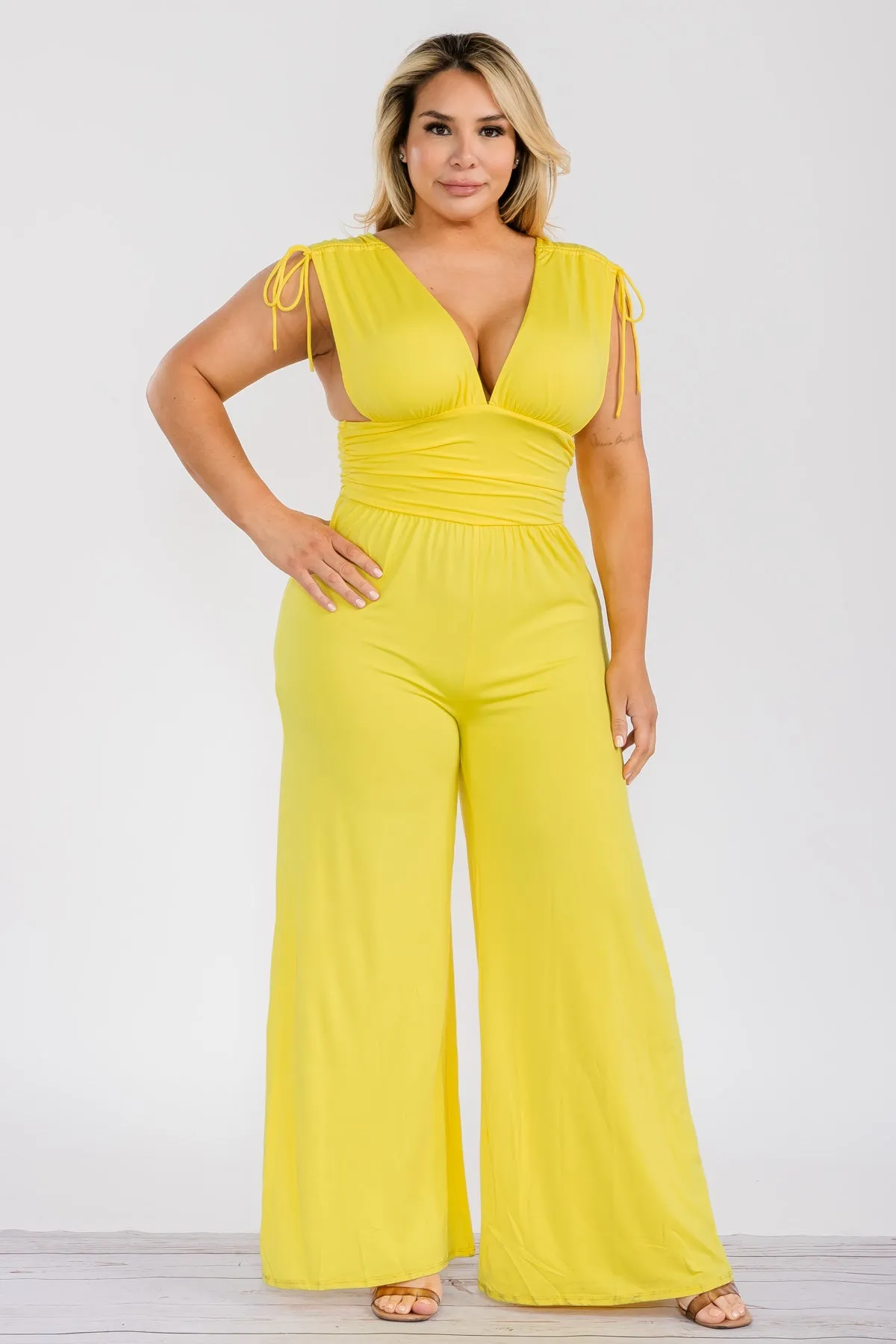 JS618X - SOLID V-NECK JUMPSUIT