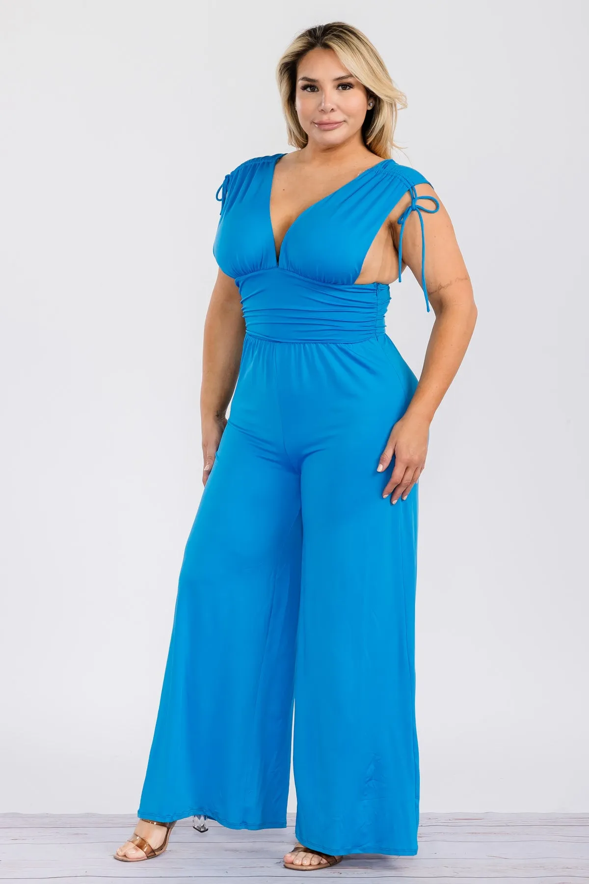 JS618X - SOLID V-NECK JUMPSUIT