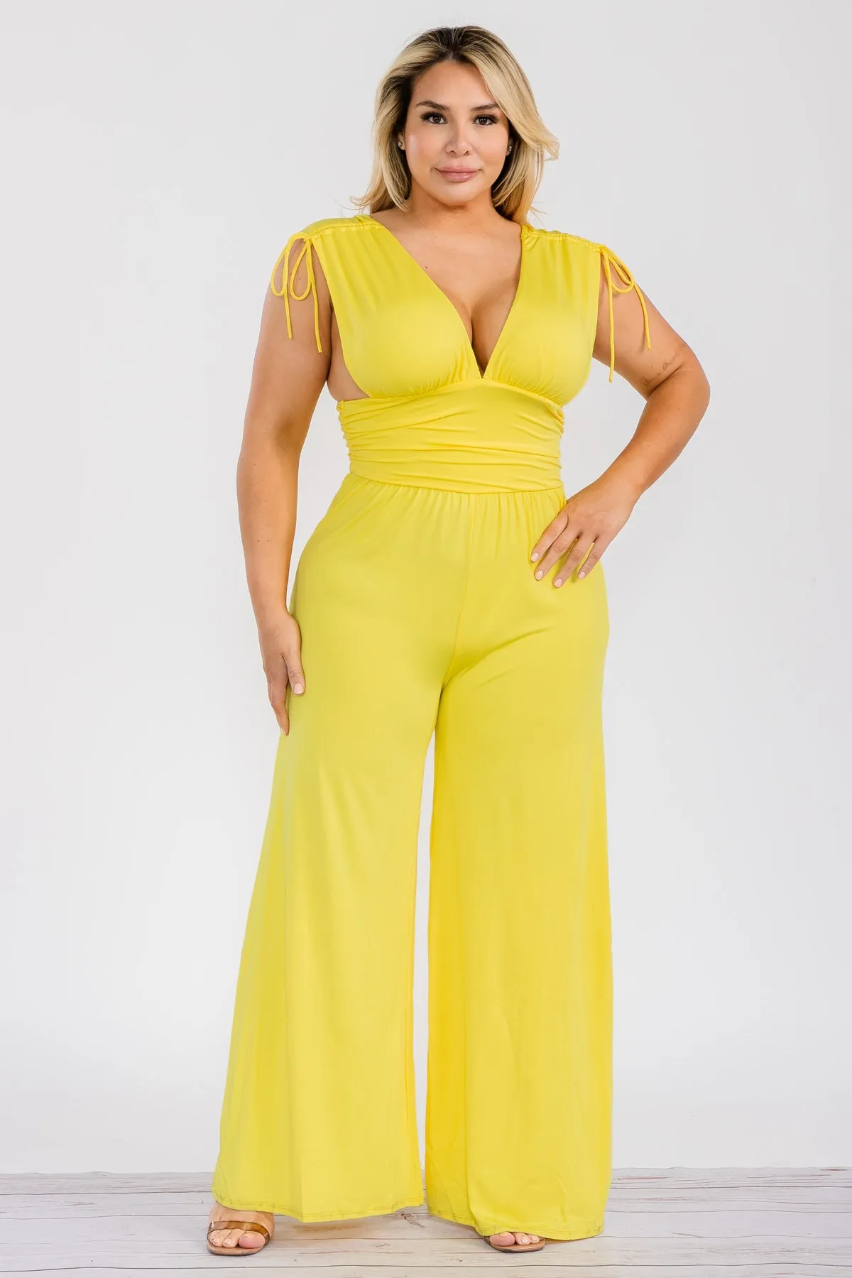 JS618X - SOLID V-NECK JUMPSUIT