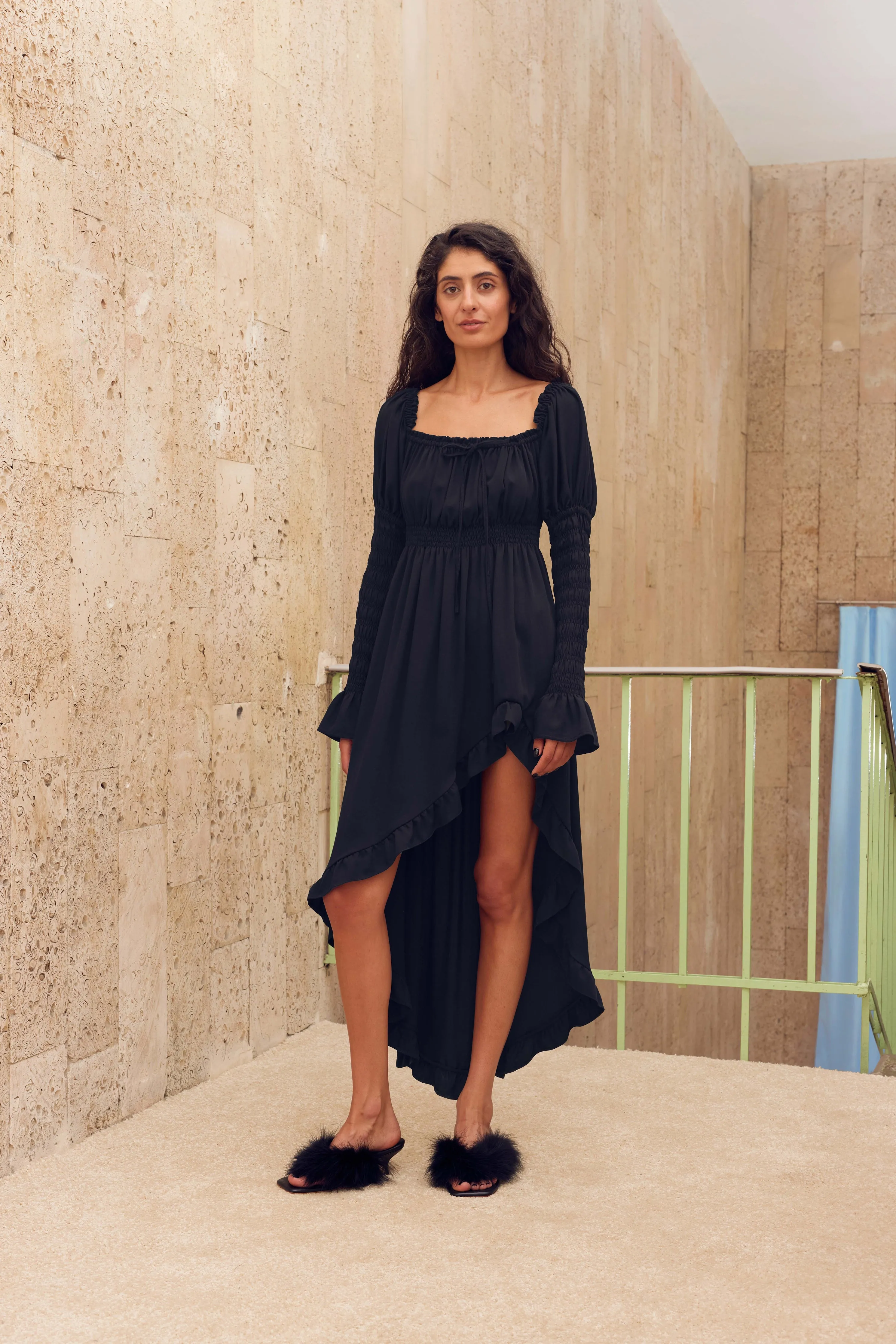 Juliette Shirred Asymmetric Dress in Black