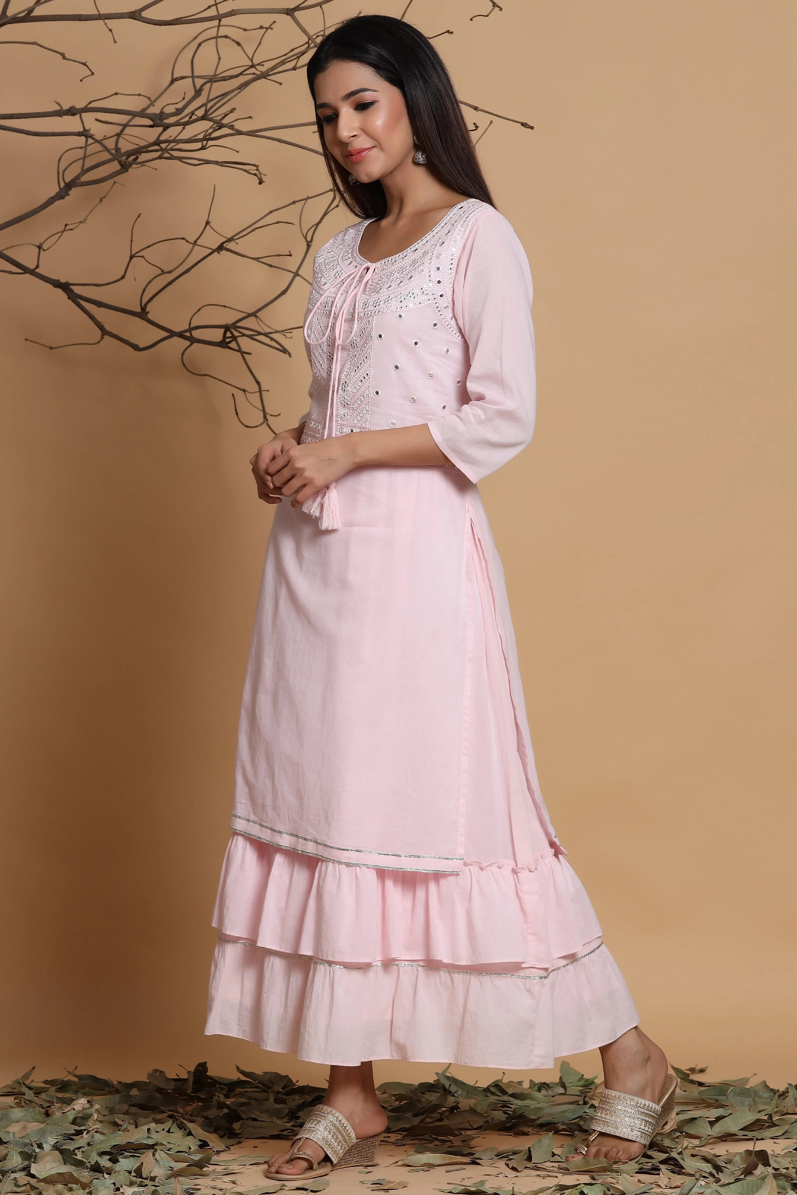 Juniper Pink Cotton Embroidered Layered Maxi Dress With Dori Tassels