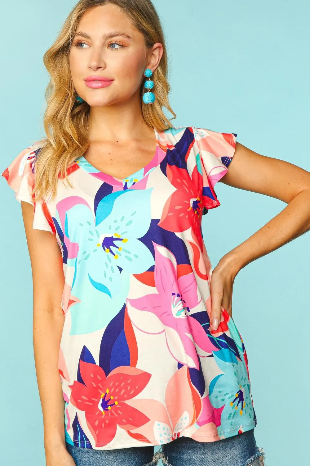 Just For Us Ruffle Sleeve Top - Floral