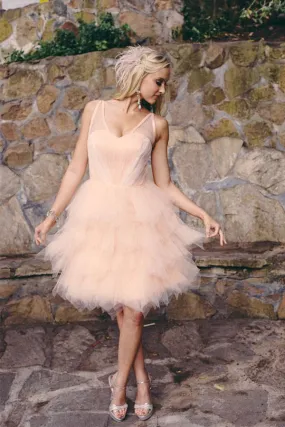 Knee Length Blush Colored Layered Tulle Short Ruffles Wedding Dresses PFW0179