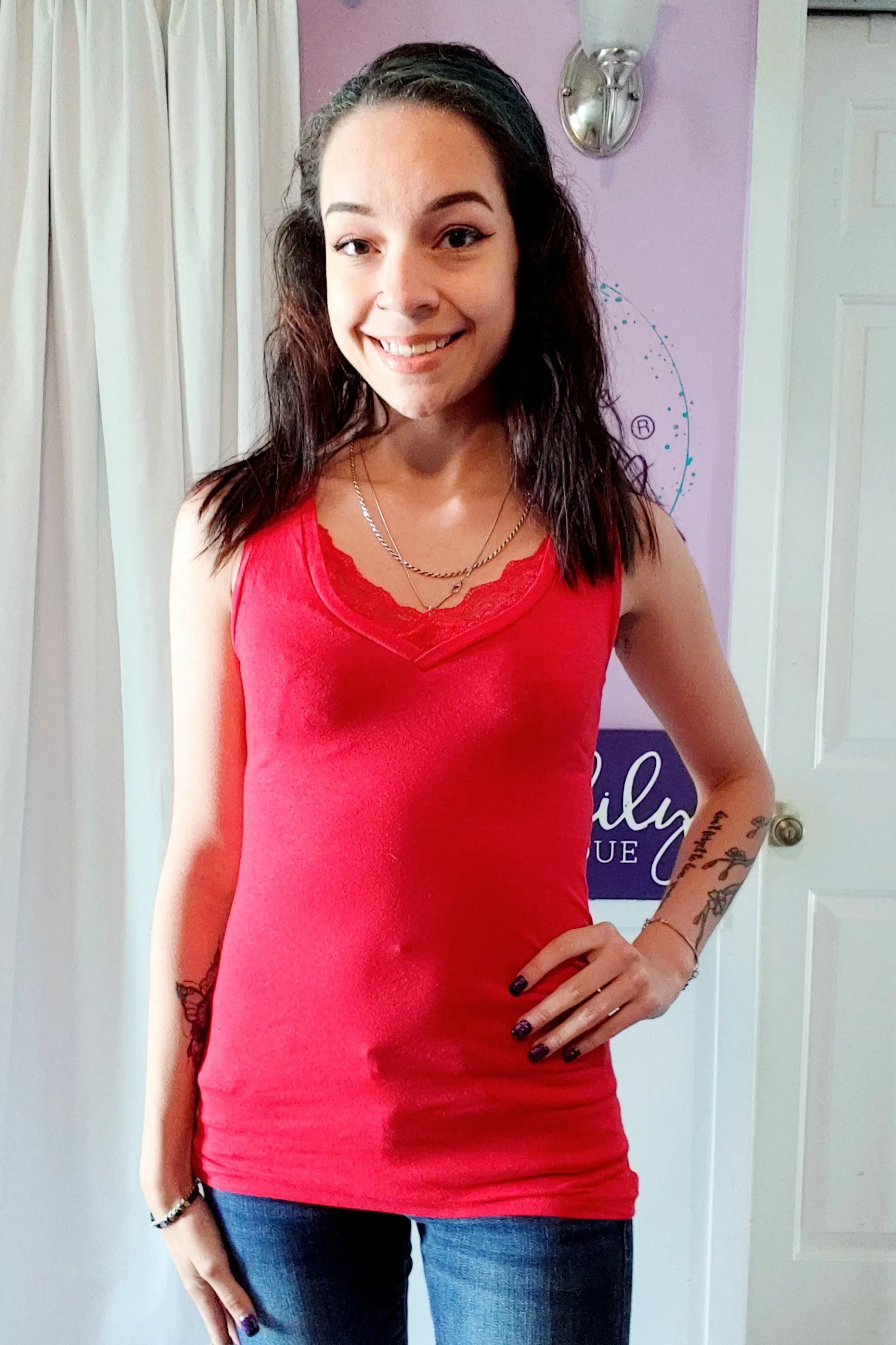 Lace Lined Neck Tank in Red