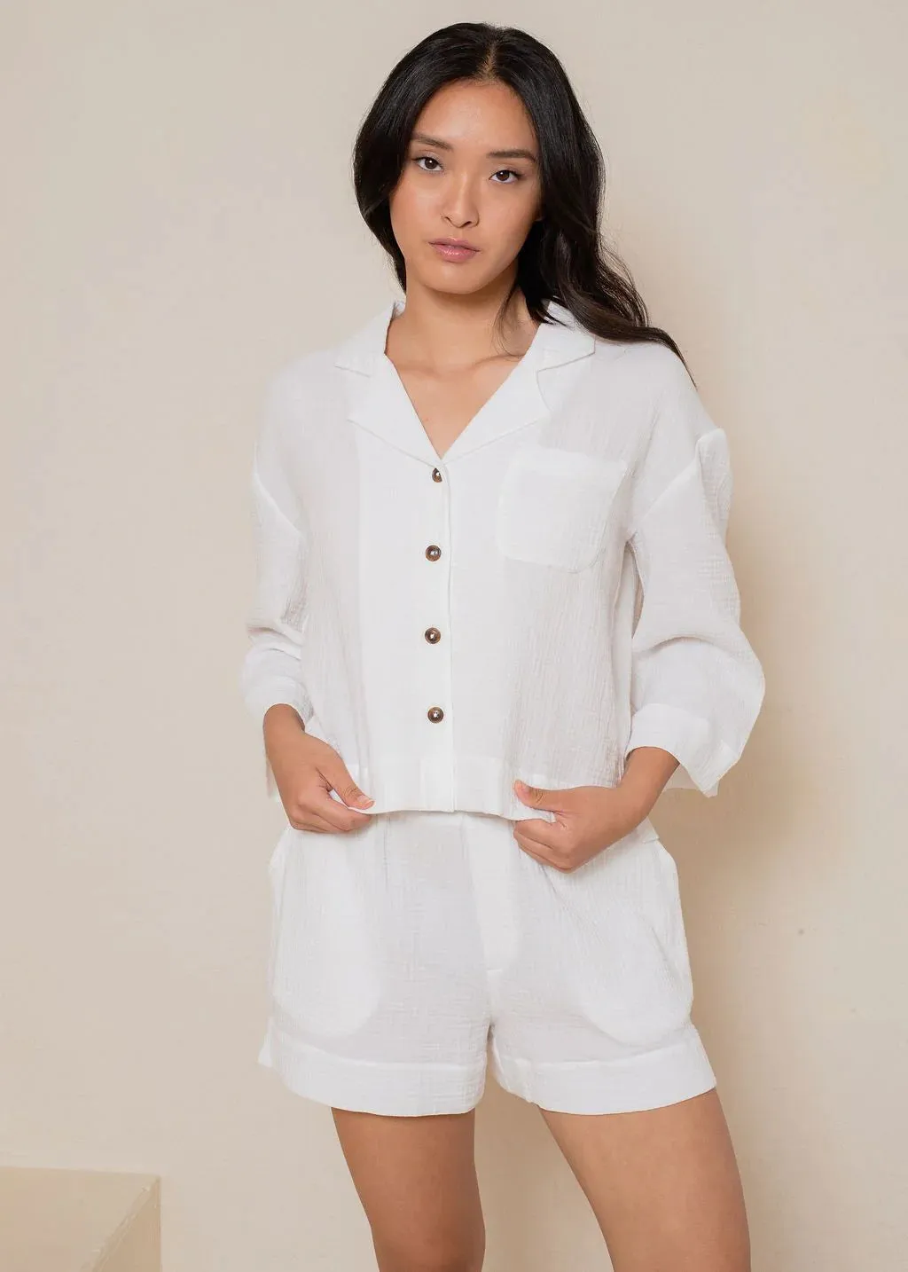 LatteLove Crinkled Cotton Gauze Wide Sleeve Top