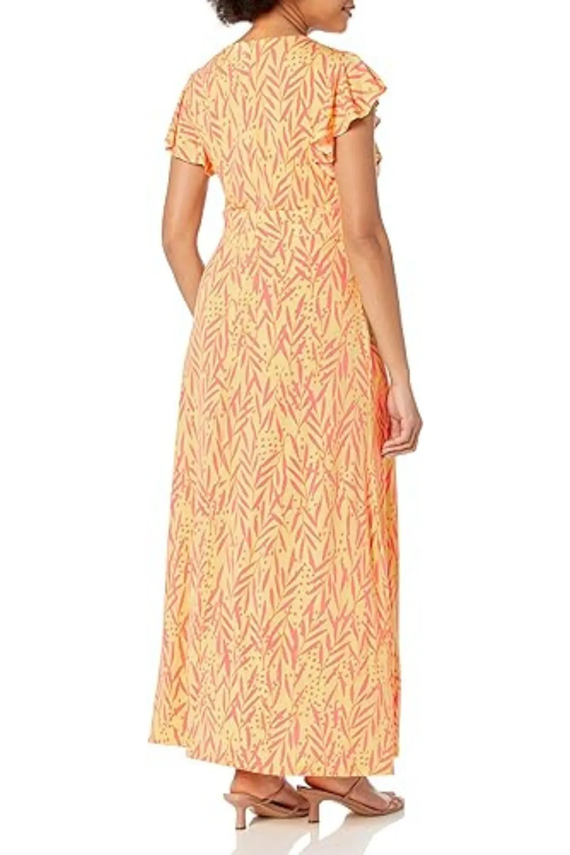 London Times Ruffled Short Sleeve V-Neck Printed Matte Jersey Maxi Dress