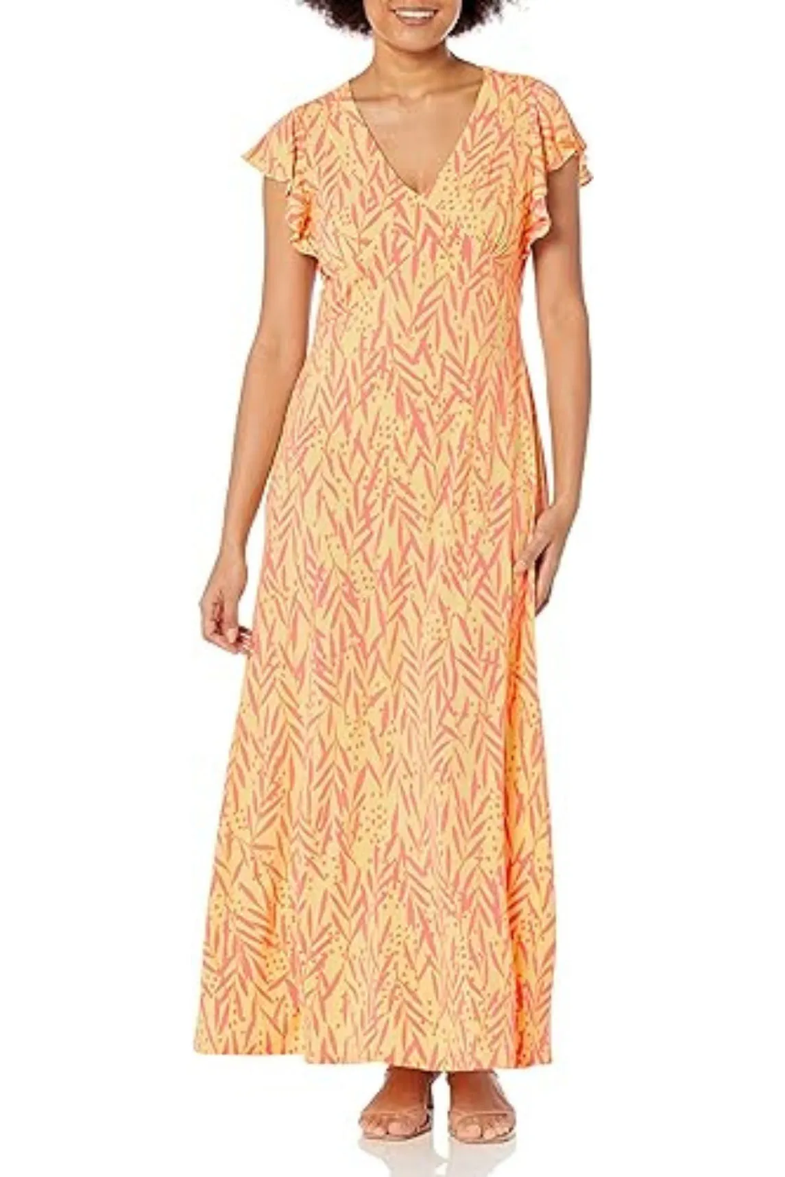 London Times Ruffled Short Sleeve V-Neck Printed Matte Jersey Maxi Dress