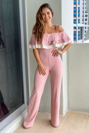 Mauve and White Jumpsuit with Ruffled Top