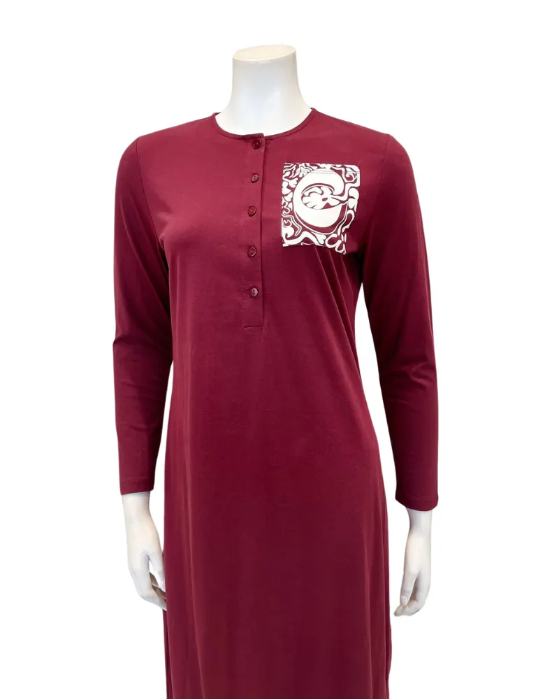 N5096-25A Burgundy Boho Cotton Button Down Nightgown