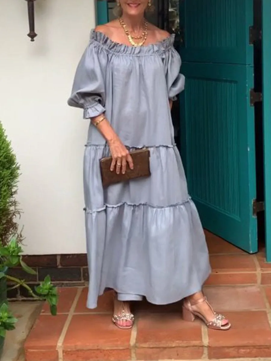 Off Shoulder Ruffled Loose Solid Dress