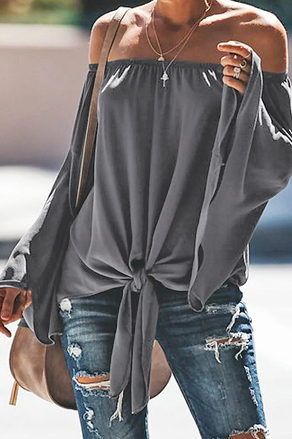 Off The Shoulder Bell Sleeve Tie Blouse