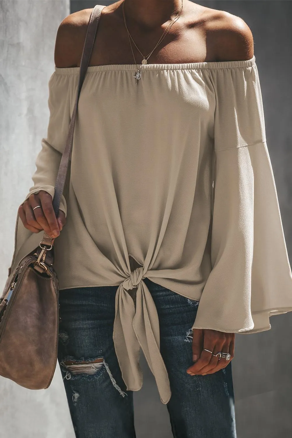 Off The Shoulder Bell Sleeve Tie Blouse