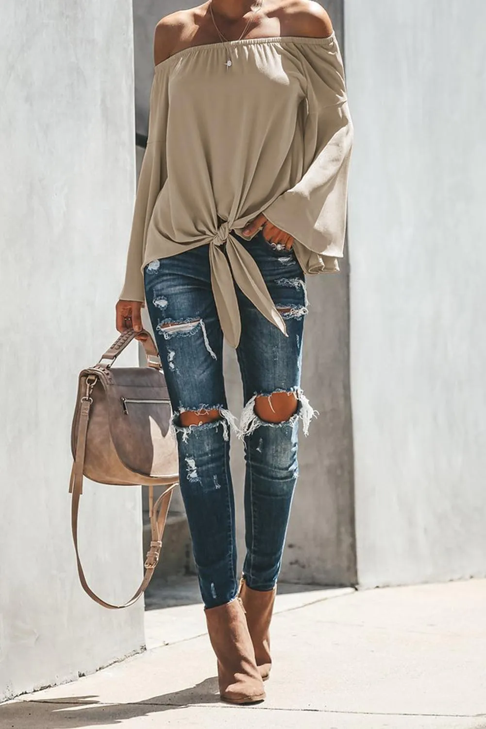 Off The Shoulder Bell Sleeve Tie Blouse