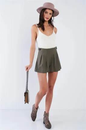 Olive Green High Waist Pleated Side Button Shorts  /3-2-1