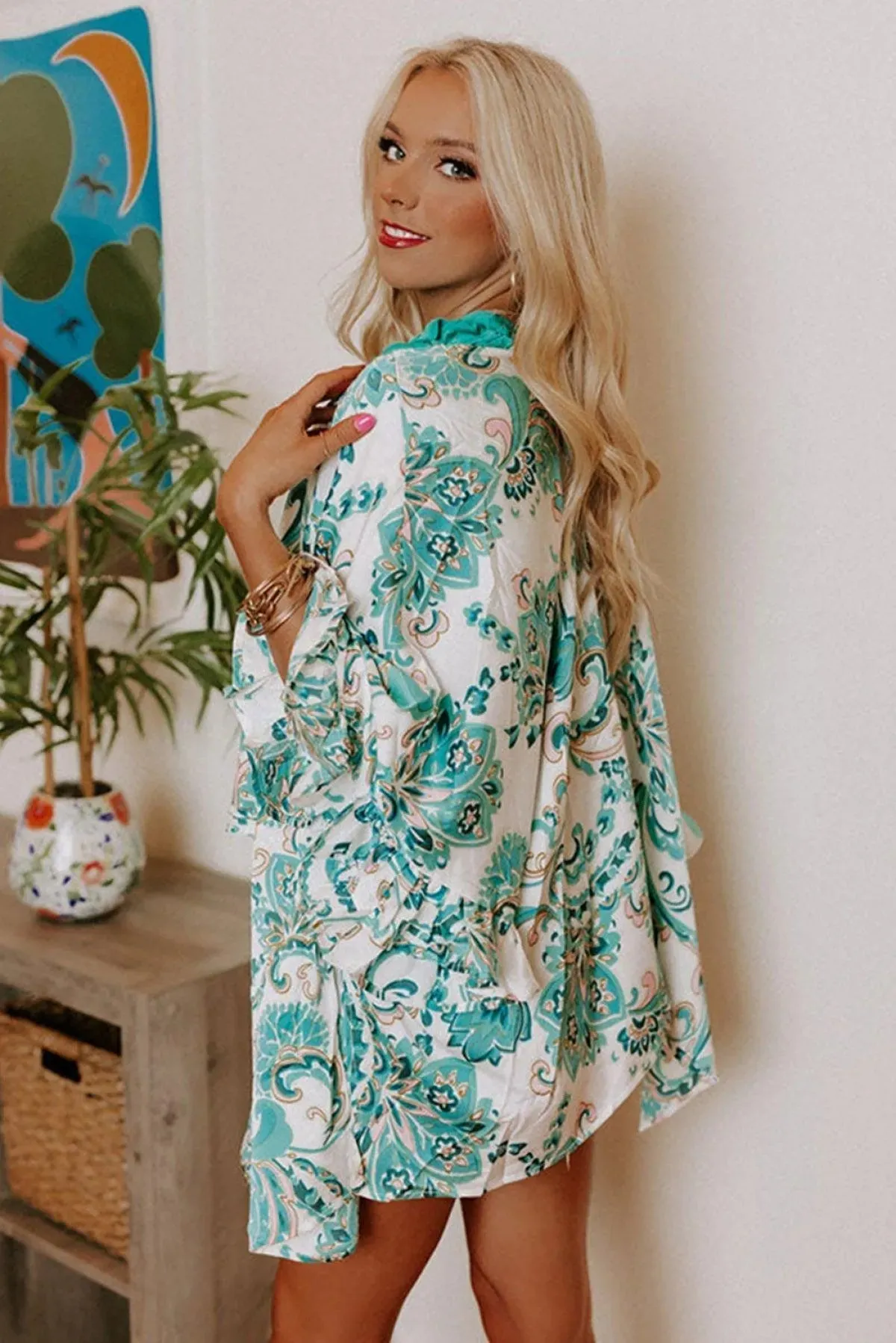 Open Front 3/4 Sleeves Paisley Print Kimono