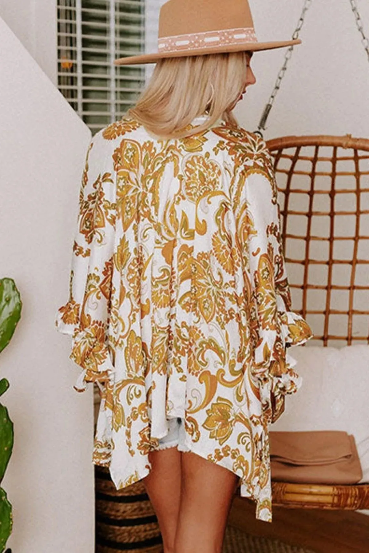 Open Front 3/4 Sleeves Paisley Print Kimono