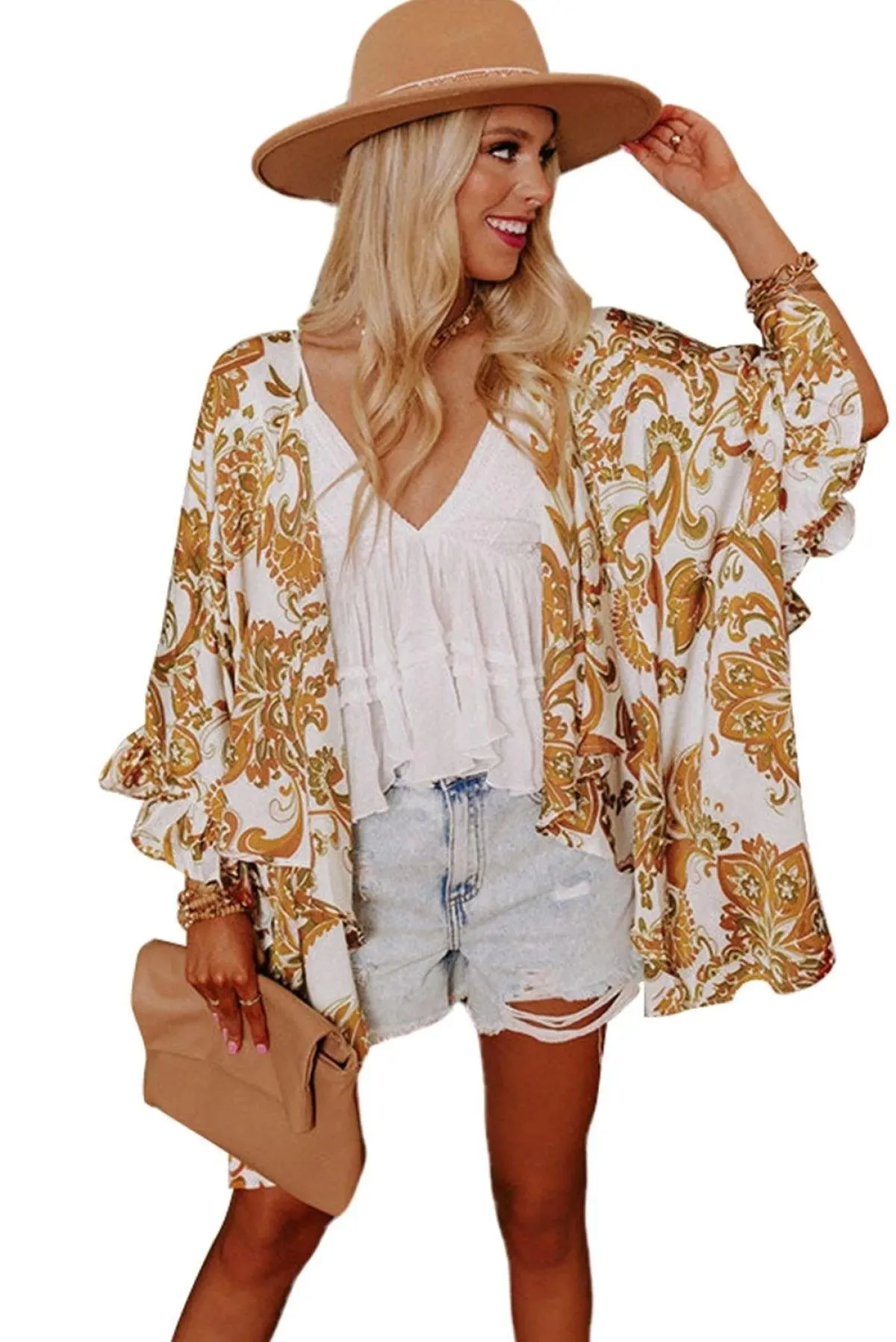 Open Front 3/4 Sleeves Paisley Print Kimono