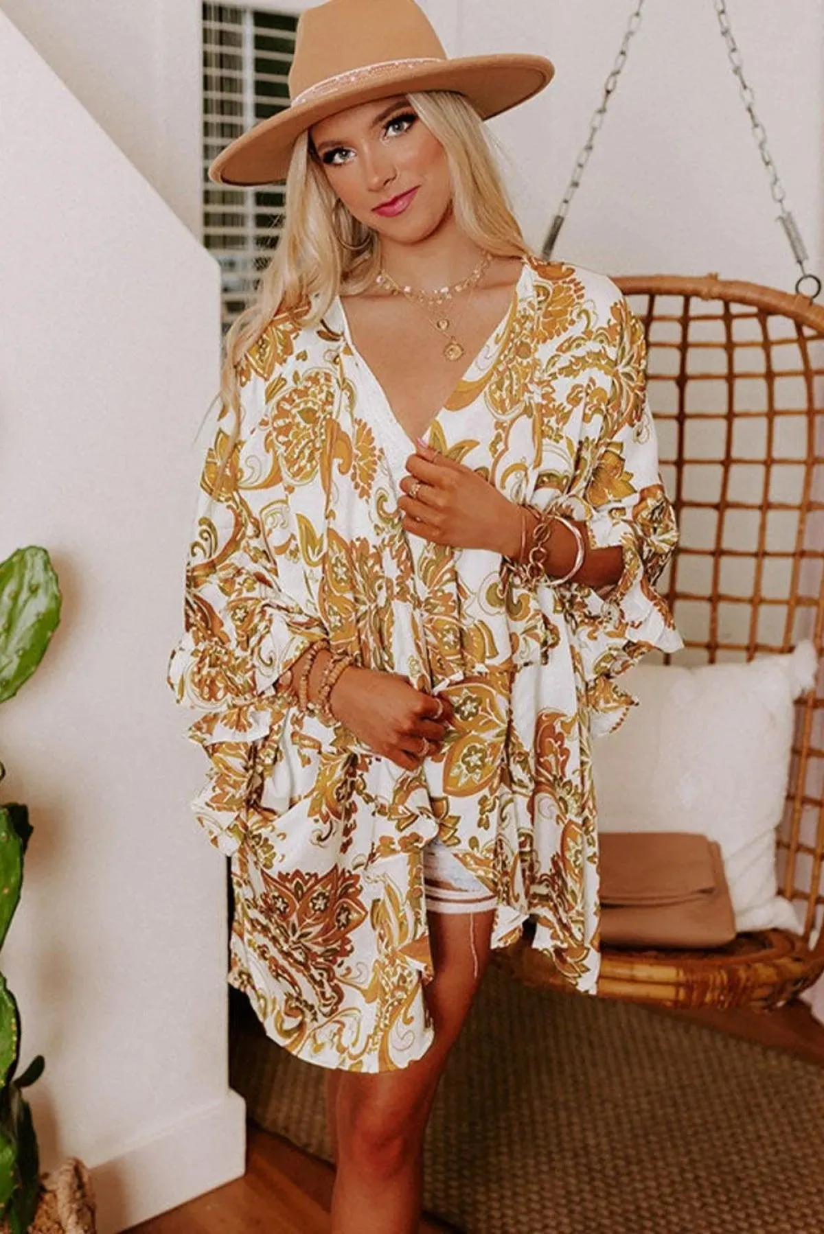 Open Front 3/4 Sleeves Paisley Print Kimono