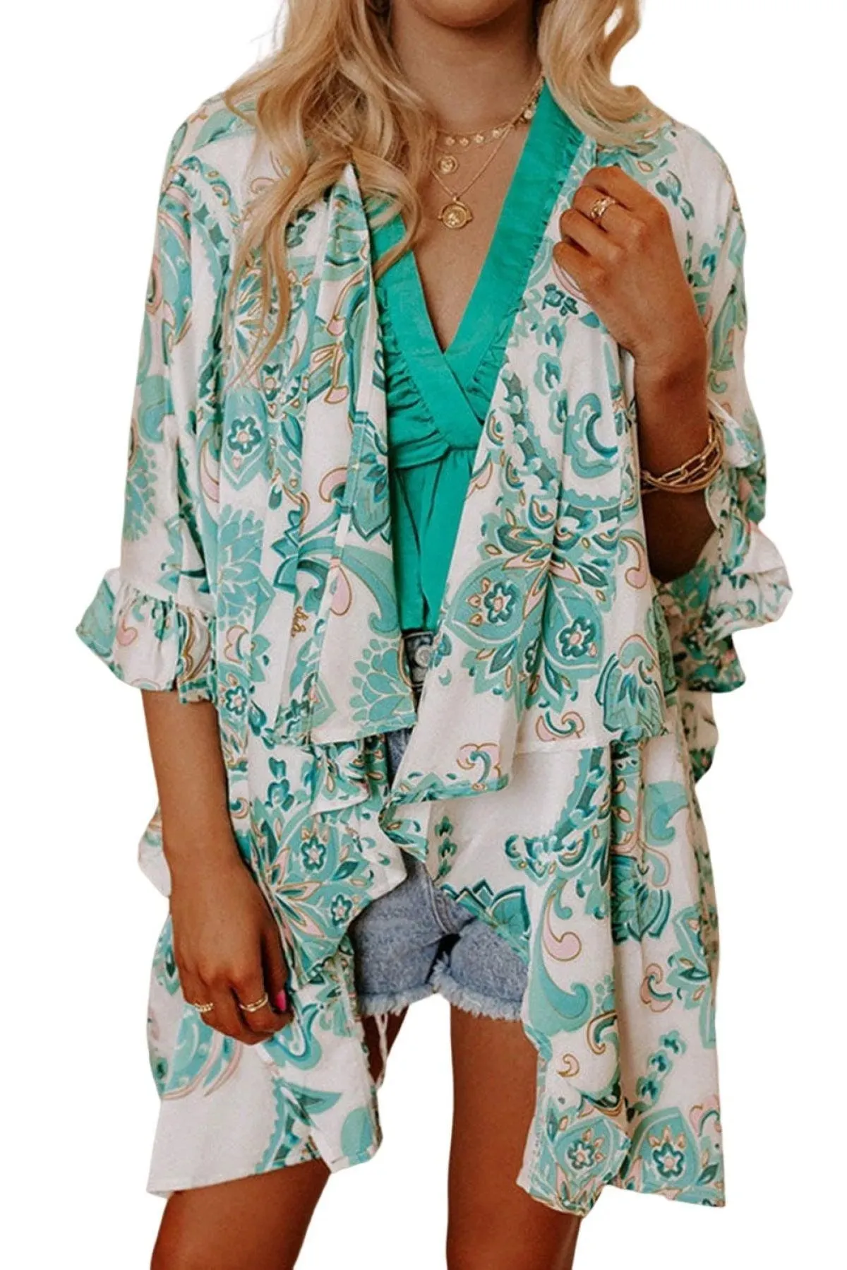 Open Front 3/4 Sleeves Paisley Print Kimono