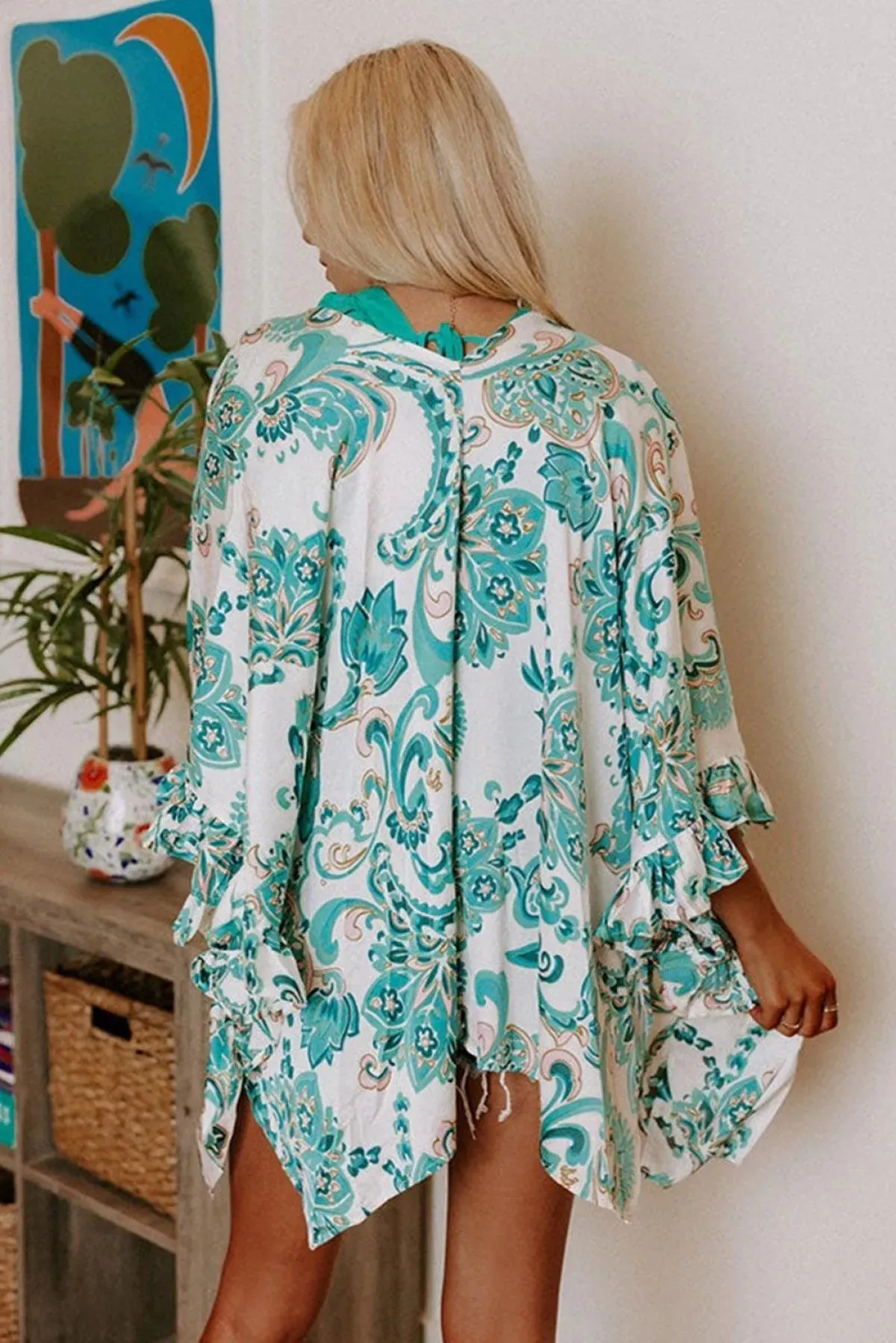 Open Front 3/4 Sleeves Paisley Print Kimono