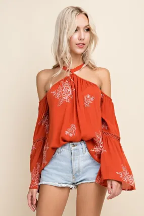 Orange Embroidered Cold Shoulder Top With Bell Sleeves