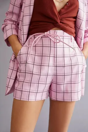 Pink Plaid Elastic Waist Dressy Shorts