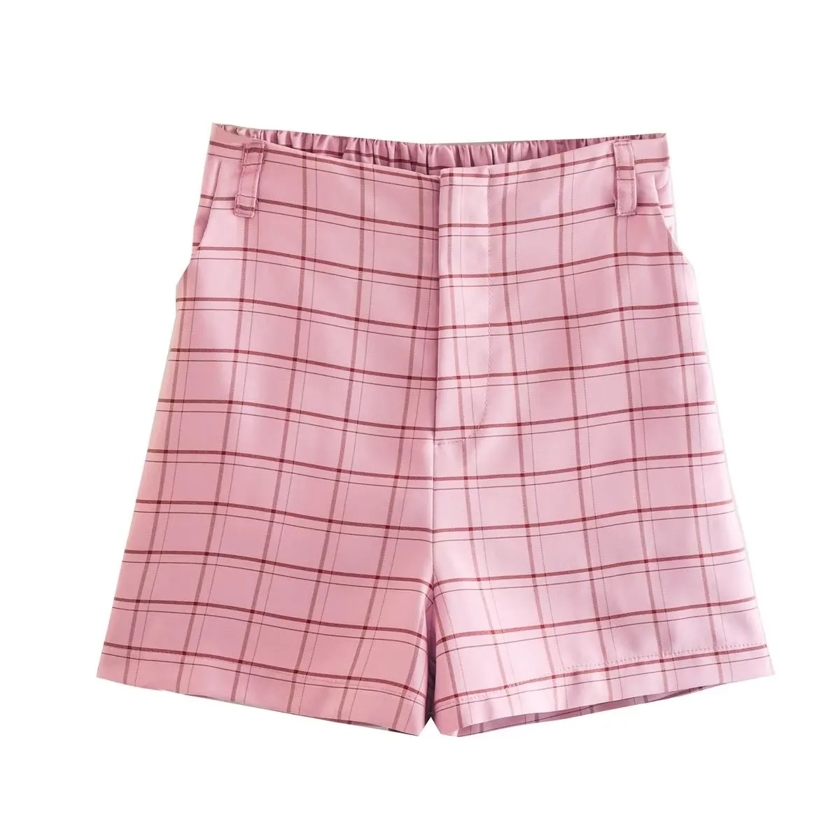 Pink Plaid Elastic Waist Dressy Shorts