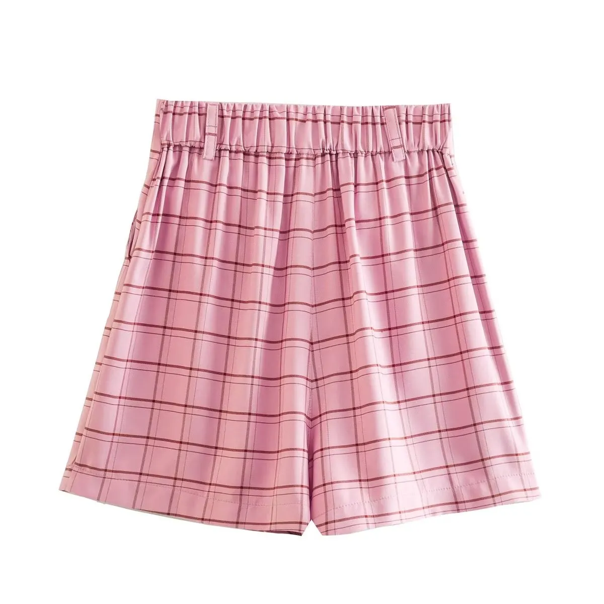 Pink Plaid Elastic Waist Dressy Shorts