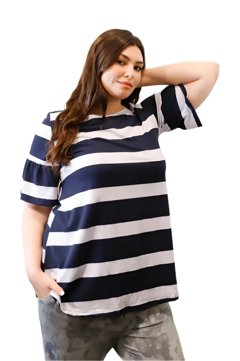 Plus Stripe Bell Short Sleeve Top