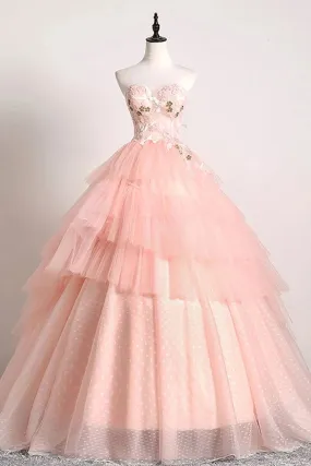 Princess Ball Gown Pink 3D Lace Multi-layered Prom Dresses, Tulle Quinceanera Dresses SWK15292