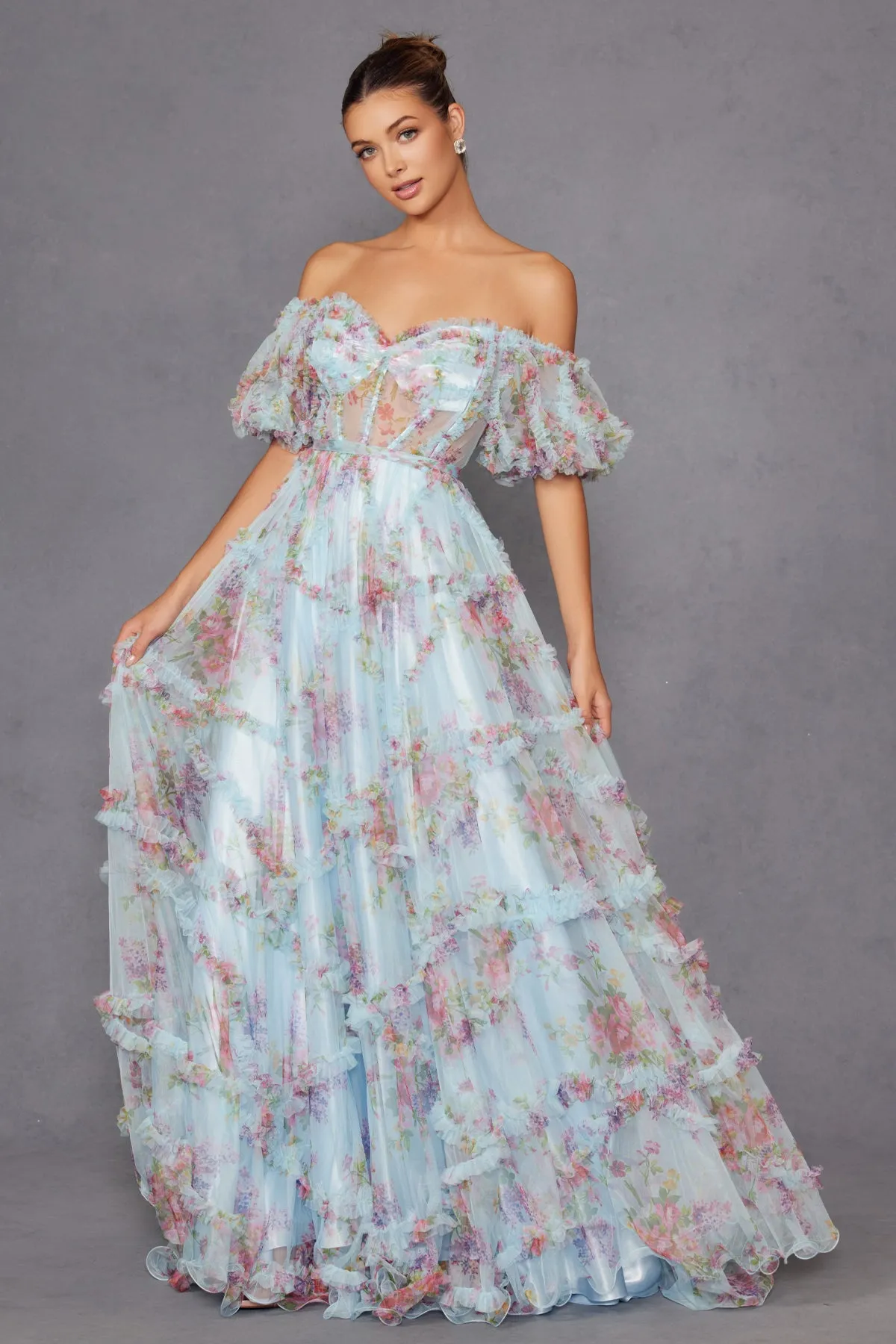 Print Off Shoulder Ruffled Gown by Juliet JT2887C