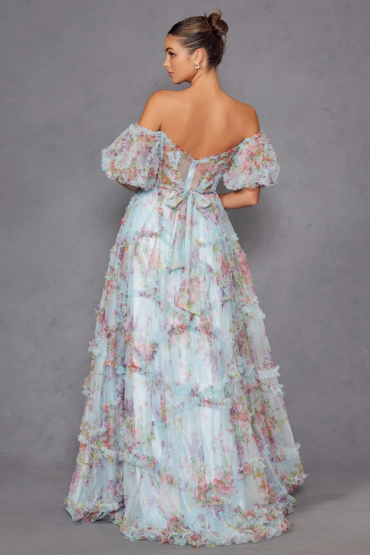 Print Off Shoulder Ruffled Gown by Juliet JT2887C