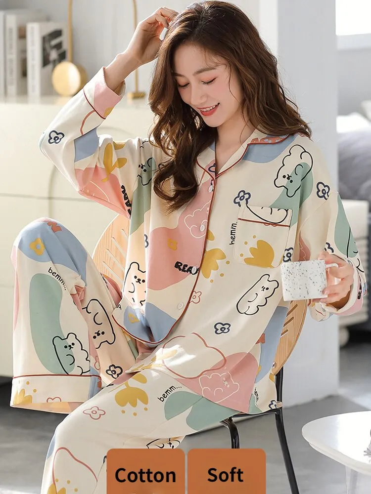 Printed Cotton Pajama Set for Women - Summer Long-sleeved Two-piece Suit