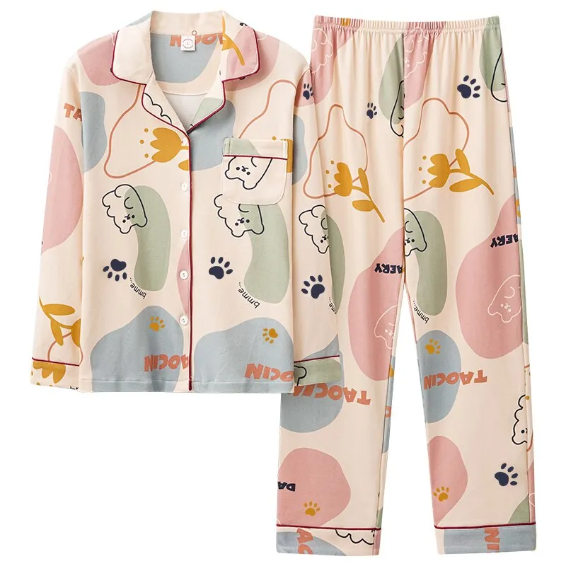 Printed Cotton Pajama Set for Women - Summer Long-sleeved Two-piece Suit