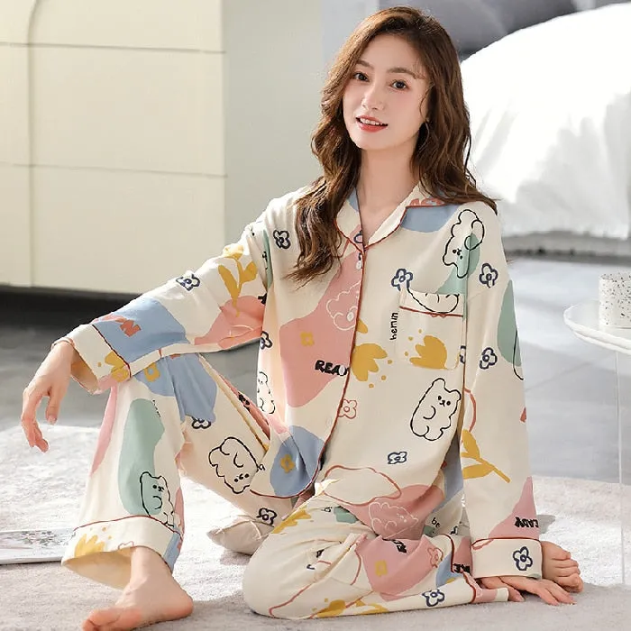 Printed Cotton Pajama Set for Women - Summer Long-sleeved Two-piece Suit