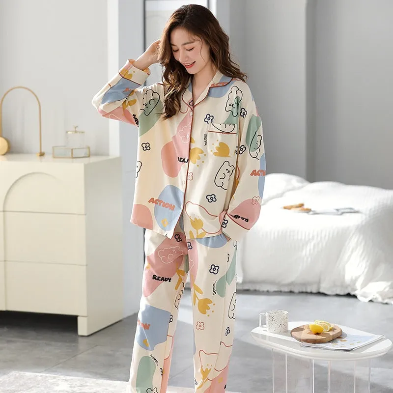 Printed Cotton Pajama Set for Women - Summer Long-sleeved Two-piece Suit