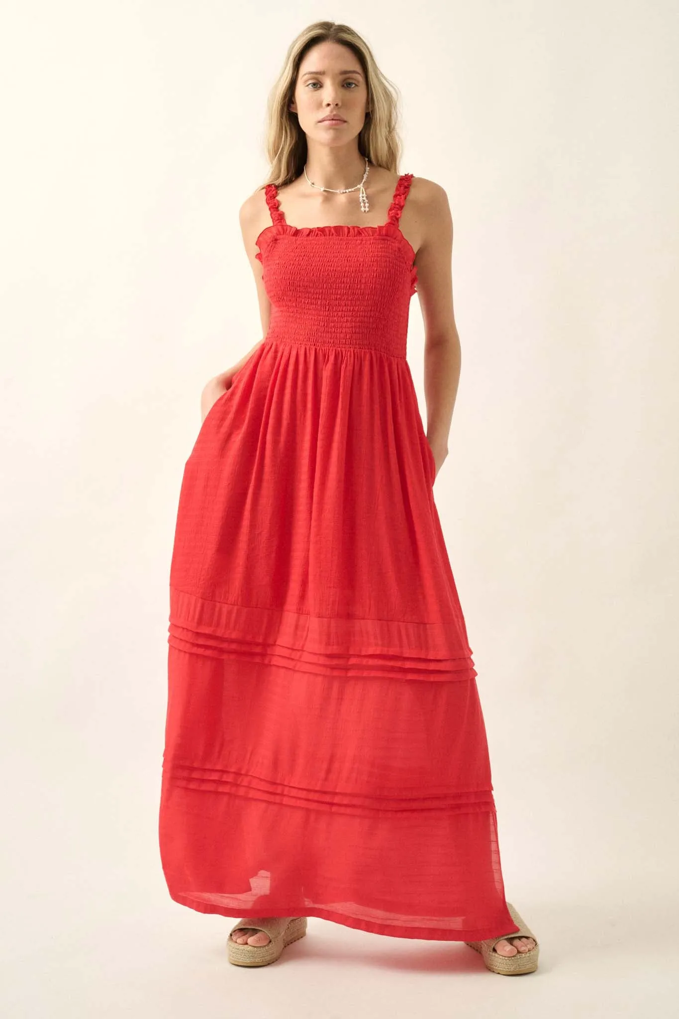 Pristine Beauty Smocked Open-Back Maxi Dress